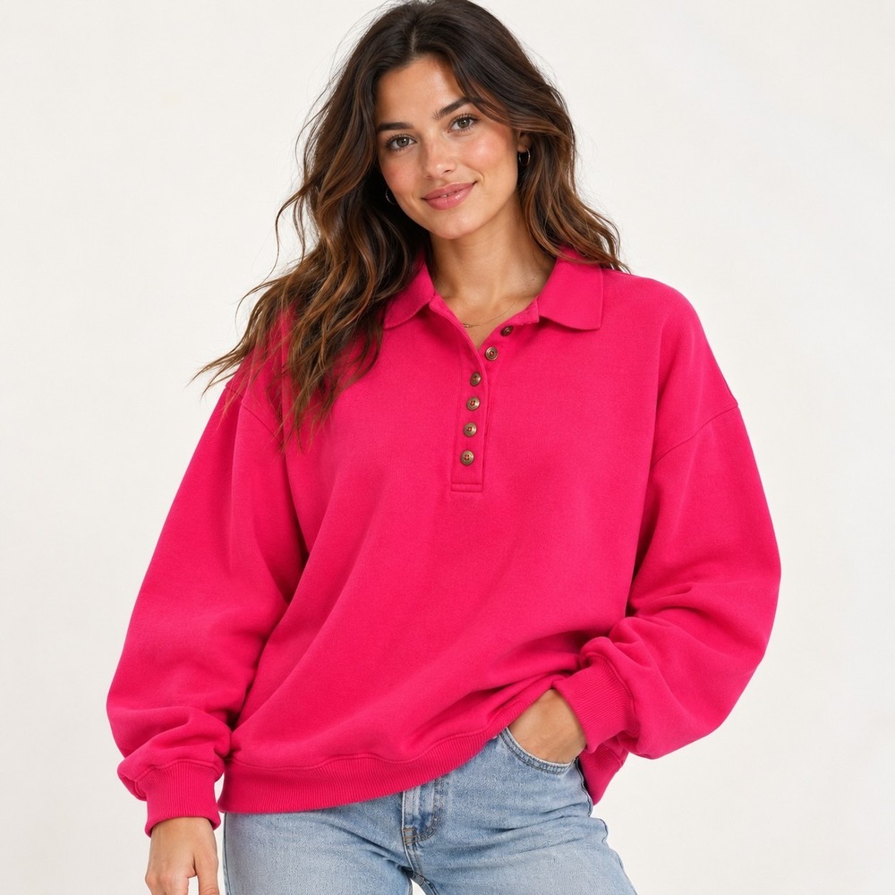 Vintage 90s First Run Pink Polo Sweatshirt Womens L Made in Korea Oversized